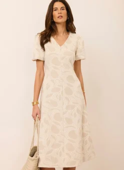 New Neutral Jacquard Puff Sleeve Midi Dress Summer Dresses|Midi Dresses