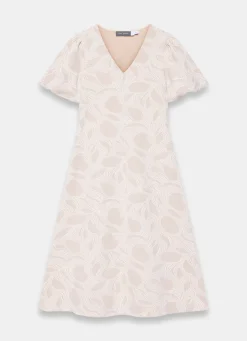 New Neutral Jacquard Puff Sleeve Midi Dress Summer Dresses|Midi Dresses
