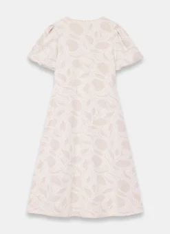 New Neutral Jacquard Puff Sleeve Midi Dress Summer Dresses|Midi Dresses