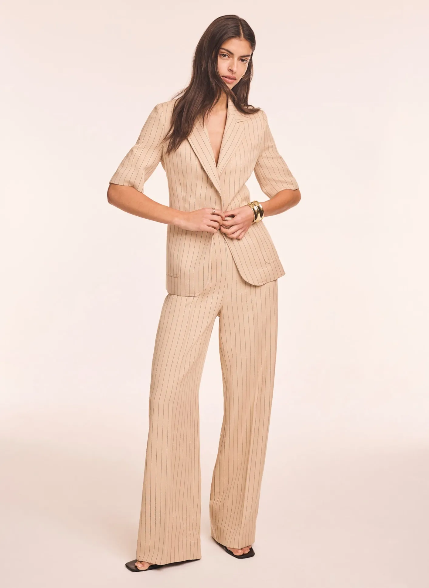 Clearance Neutral Pinstripe Short Sleeve Blazer Jackets