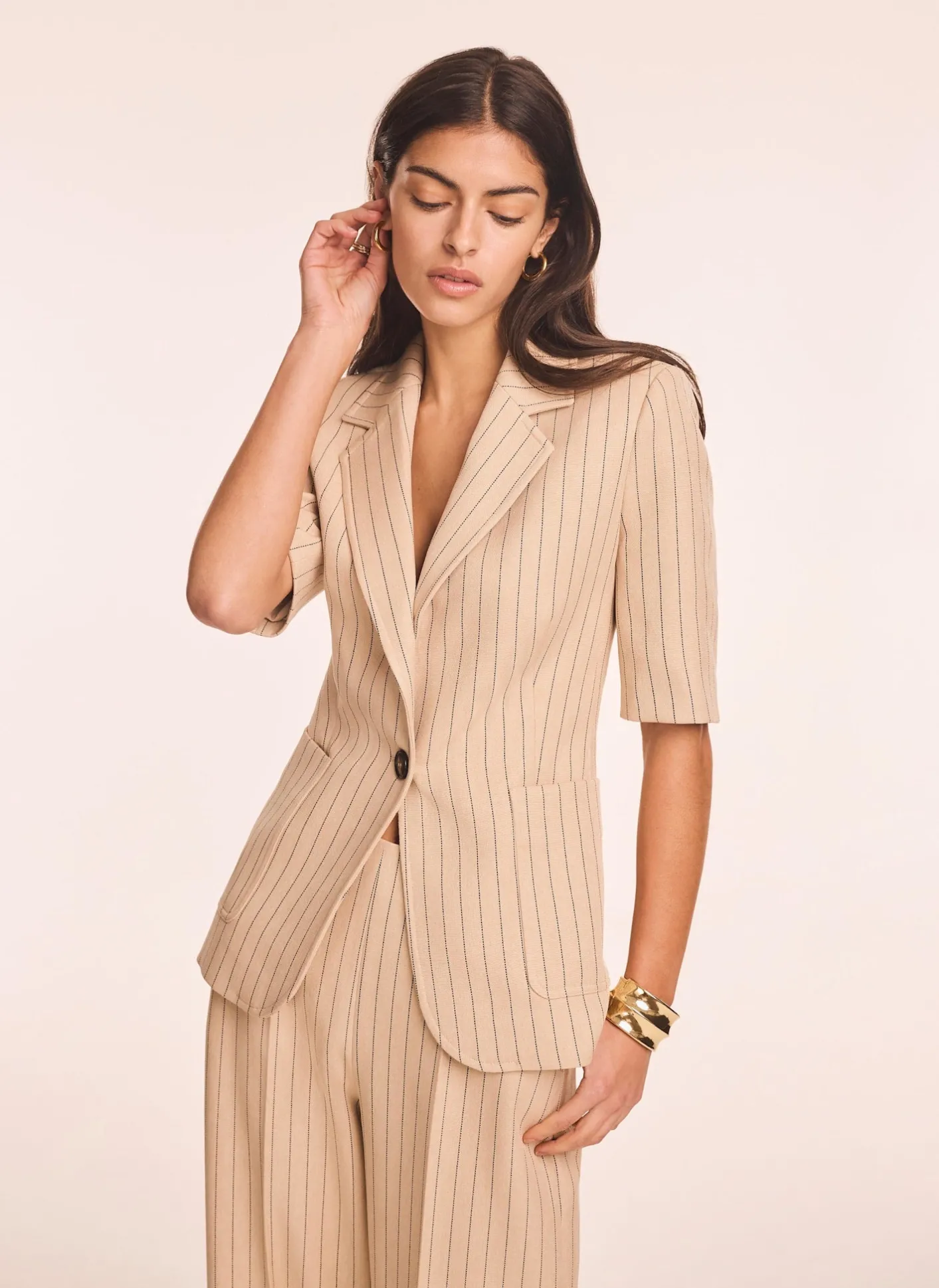 Clearance Neutral Pinstripe Short Sleeve Blazer Jackets