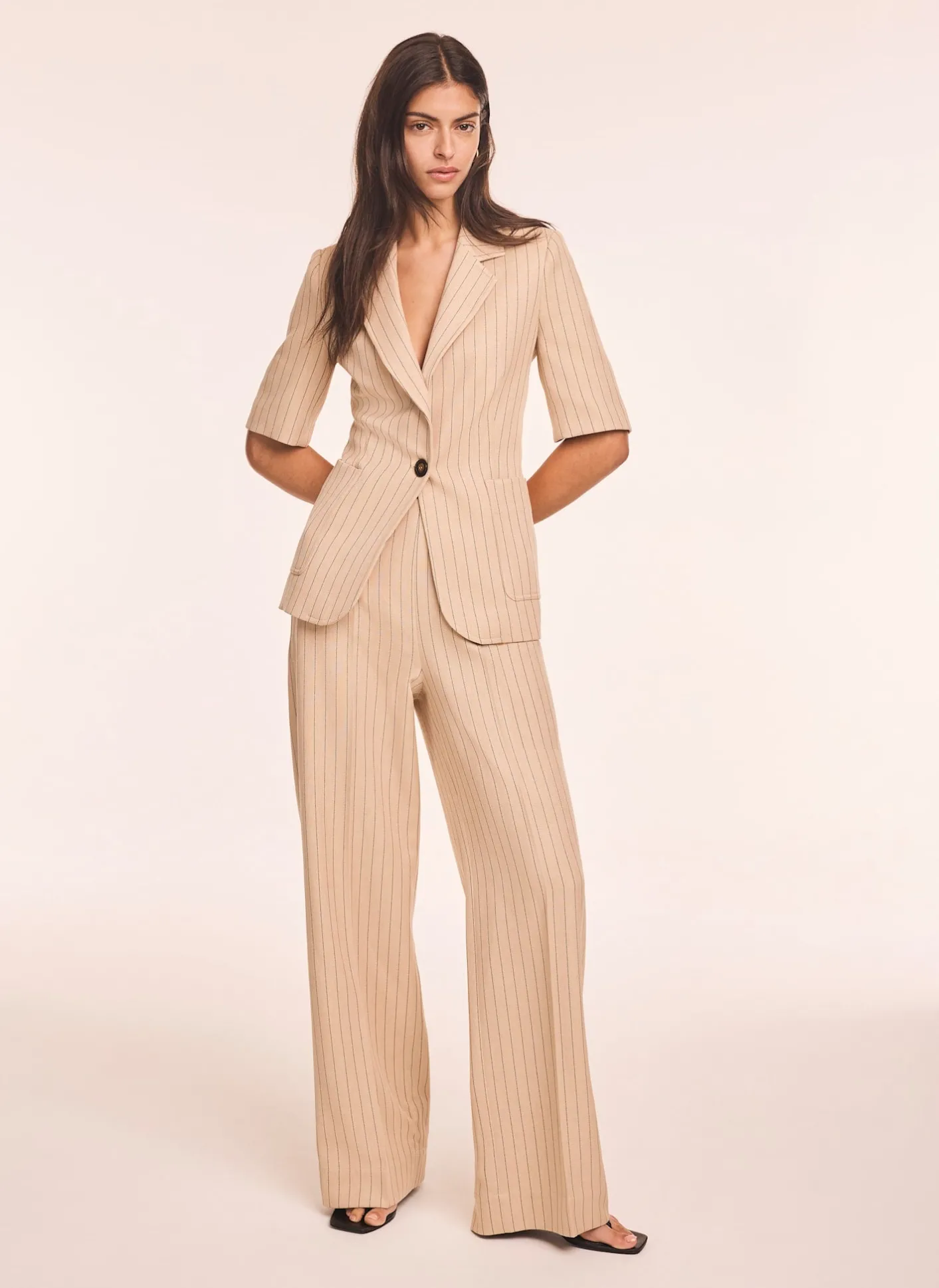 Clearance Neutral Pinstripe Short Sleeve Blazer Jackets
