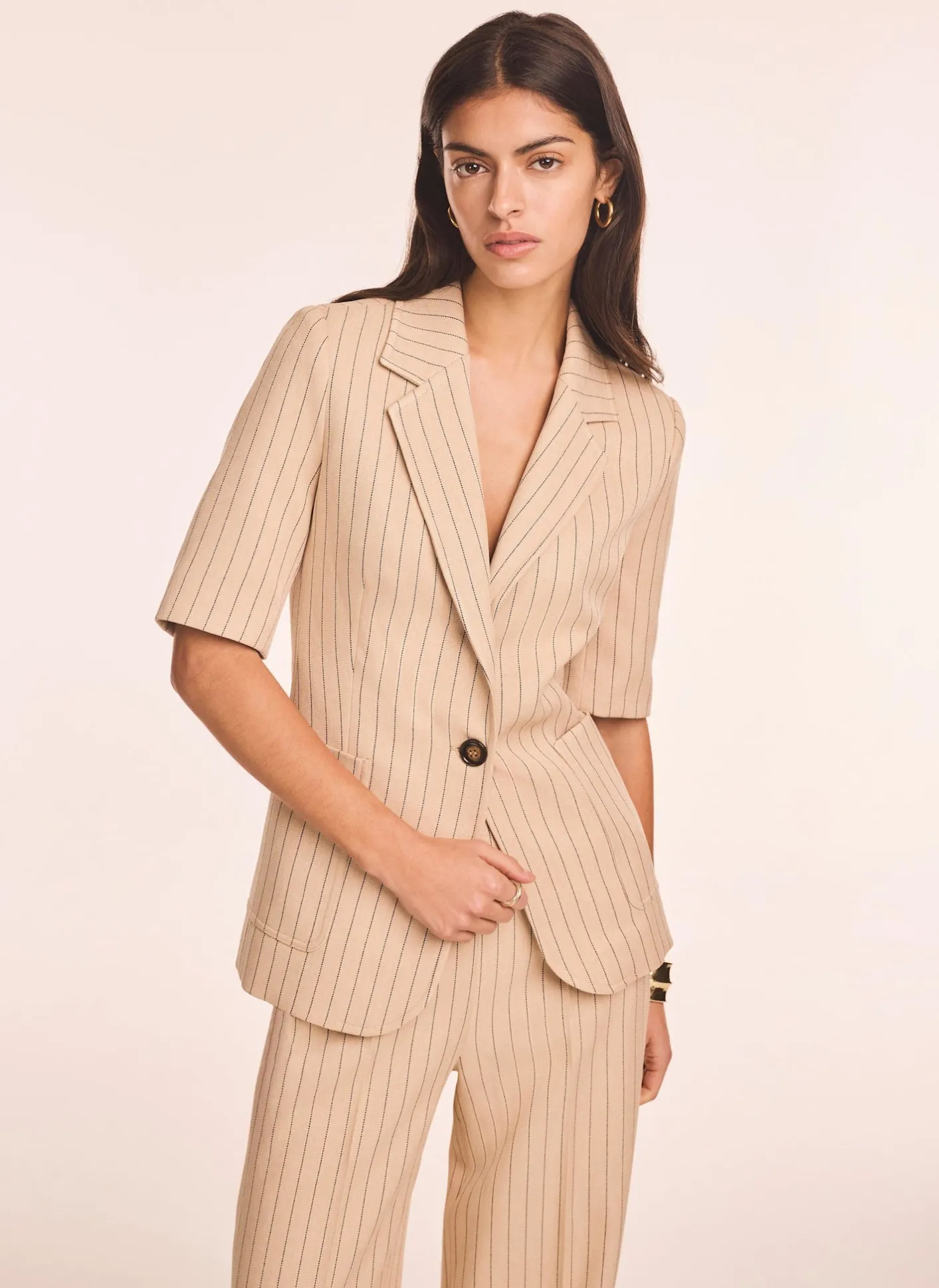Clearance Neutral Pinstripe Short Sleeve Blazer Jackets