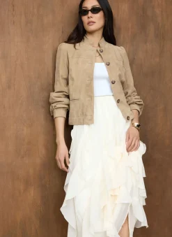 Neutral Suede Puff Sleeve Jacket Jackets|Leather & Suede Jackets