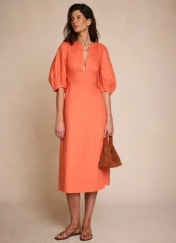 Clearance Linen Puff Sleeve Midi Dress Summer Dresses|Midi Dresses