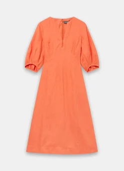 Clearance Linen Puff Sleeve Midi Dress Summer Dresses|Midi Dresses