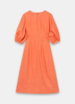 Clearance Linen Puff Sleeve Midi Dress Summer Dresses|Midi Dresses