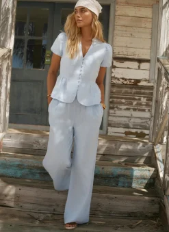 Clearance Pale Linen Drawstring Wide Leg Trousers Wide Leg Trousers|Trousers