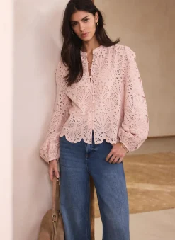 New Pink Cotton Broderie Detail Blouse Shirts & Blouses