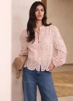 New Pink Cotton Broderie Detail Blouse Shirts & Blouses