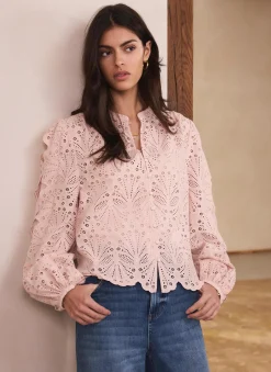 New Pink Cotton Broderie Detail Blouse Shirts & Blouses