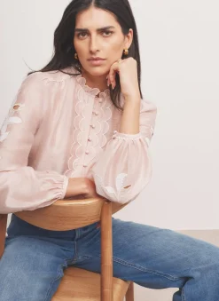 Pink Embroidered Scallop Trim Blouse Shirts & Blouses|All Tops