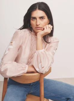 Pink Embroidered Scallop Trim Blouse Shirts & Blouses|All Tops