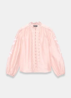 Pink Embroidered Scallop Trim Blouse Shirts & Blouses|All Tops