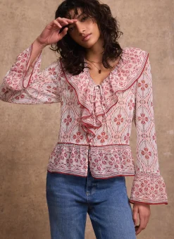New Pink Geo Print Ruffle Blouse Shirts & Blouses