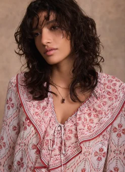 New Pink Geo Print Ruffle Blouse Shirts & Blouses