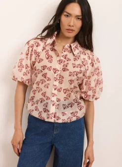Best Pink Heart Print Puff Sleeve Shirt Shirts & Blouses