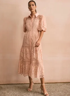 Best Pink Lace Midi Shirt Dress Occasion Dresses|Occasion Dresses
