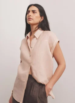 New Pink Linen Blend Sheer Panel Shirt Shirts & Blouses|All Tops