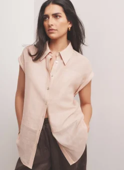 New Pink Linen Blend Sheer Panel Shirt Shirts & Blouses|All Tops