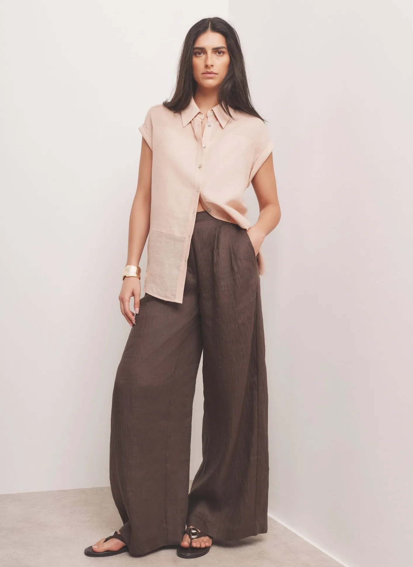 New Pink Linen Blend Sheer Panel Shirt Shirts & Blouses|All Tops