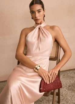 Online Pink Satin Halter Maxi Dress Occasion Dresses|Occasion Dresses