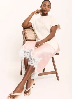 Outlet Pink Satin Lace Midi Skirt Midi Skirts|Skirts