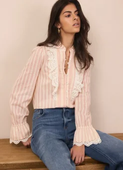 Outlet Pink Striped Broderie Trim Blouse Shirts & Blouses