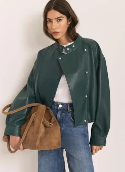 Teal Leather Cropped Pilot Bomber Jacket Jackets|Leather & Suede Jackets