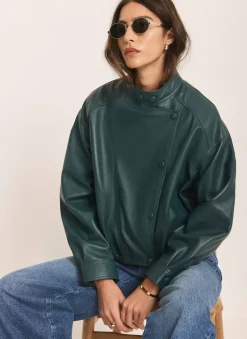 Teal Leather Cropped Pilot Bomber Jacket Jackets|Leather & Suede Jackets