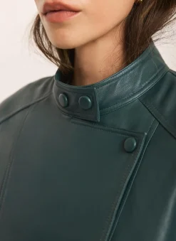 Teal Leather Cropped Pilot Bomber Jacket Jackets|Leather & Suede Jackets