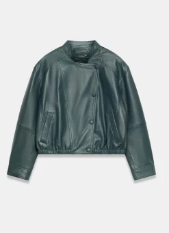 Teal Leather Cropped Pilot Bomber Jacket Jackets|Leather & Suede Jackets