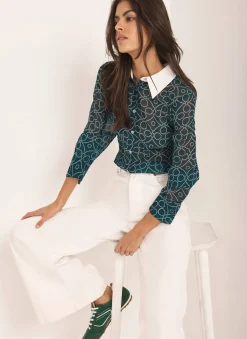 Outlet Teal Printed Sheer Shirt Shirts & Blouses