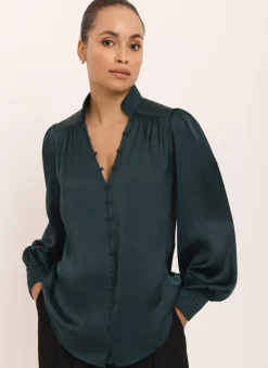 Clearance Teal Satin Long Sleeve Blouse Shirts & Blouses