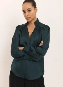 Clearance Teal Satin Long Sleeve Blouse Shirts & Blouses