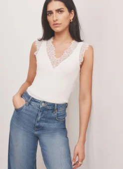 Discount White Cotton Blend Lace Detail Top T-Shirts|T-Shirts