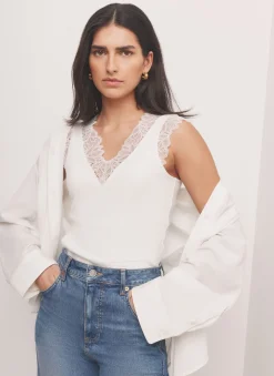 Discount White Cotton Blend Lace Detail Top T-Shirts|T-Shirts