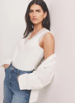 Discount White Cotton Blend Lace Detail Top T-Shirts|T-Shirts