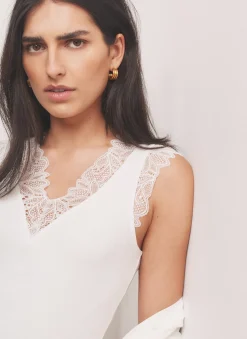 Discount White Cotton Blend Lace Detail Top T-Shirts|T-Shirts