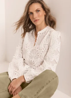 Outlet White Cotton Broderie Detail Blouse Shirts & Blouses