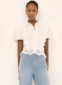 Clearance White Cotton Broderie Detail Shirt Shirts & Blouses