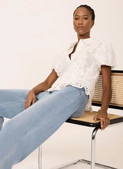 Clearance White Cotton Broderie Detail Shirt Shirts & Blouses