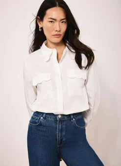 Discount White Cotton Scallop Detail Shirt Shirts & Blouses