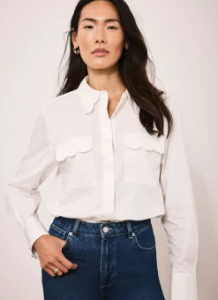 Discount White Cotton Scallop Detail Shirt Shirts & Blouses