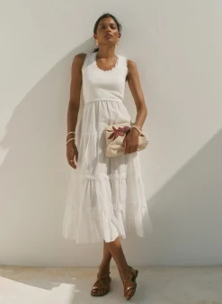 White Crochet Trim Tiered Midi Dress Summer Dresses|Midi Dresses
