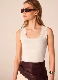 Outlet White Crochet Trim Vest Top T-Shirts|T-Shirts