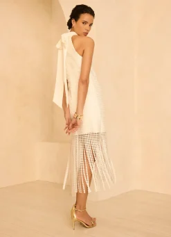 Hot White Disc Detail Fringed Midi Dress Occasion Dresses|Occasion Dresses