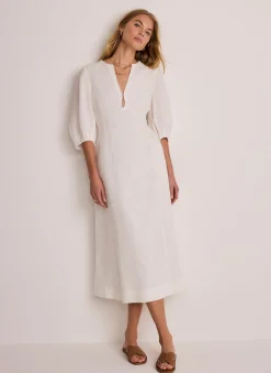 Hot White Linen Puff Sleeve Midi Dress Summer Dresses|Midi Dresses