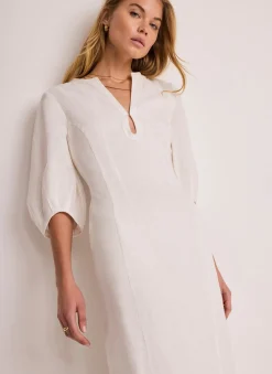 Hot White Linen Puff Sleeve Midi Dress Summer Dresses|Midi Dresses