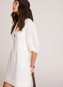Clearance White Linen Puff Sleeve Mini Dress Summer Dresses|Mini Dresses